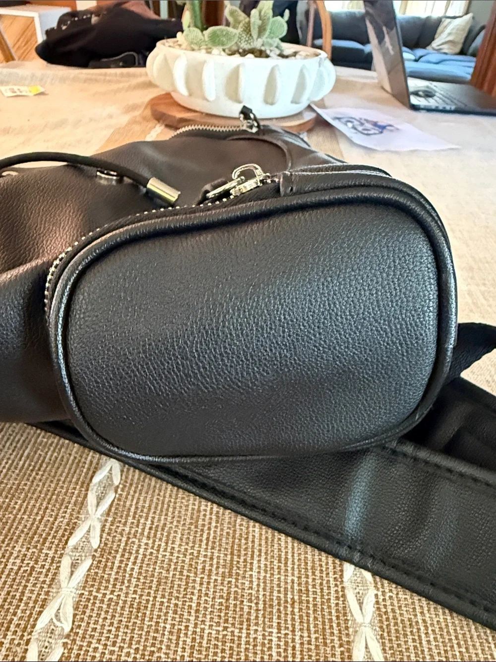 House of Harlow 1960 Black Chain Trim Backpack Faux Leather Buckle
